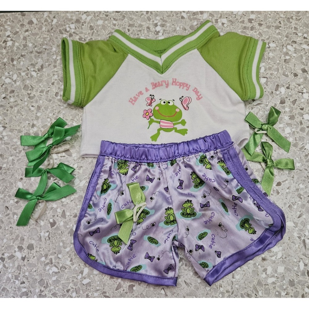 Build Bear Frog Pajama Set Shirt Shorts Purple Green Satin Seven Bows